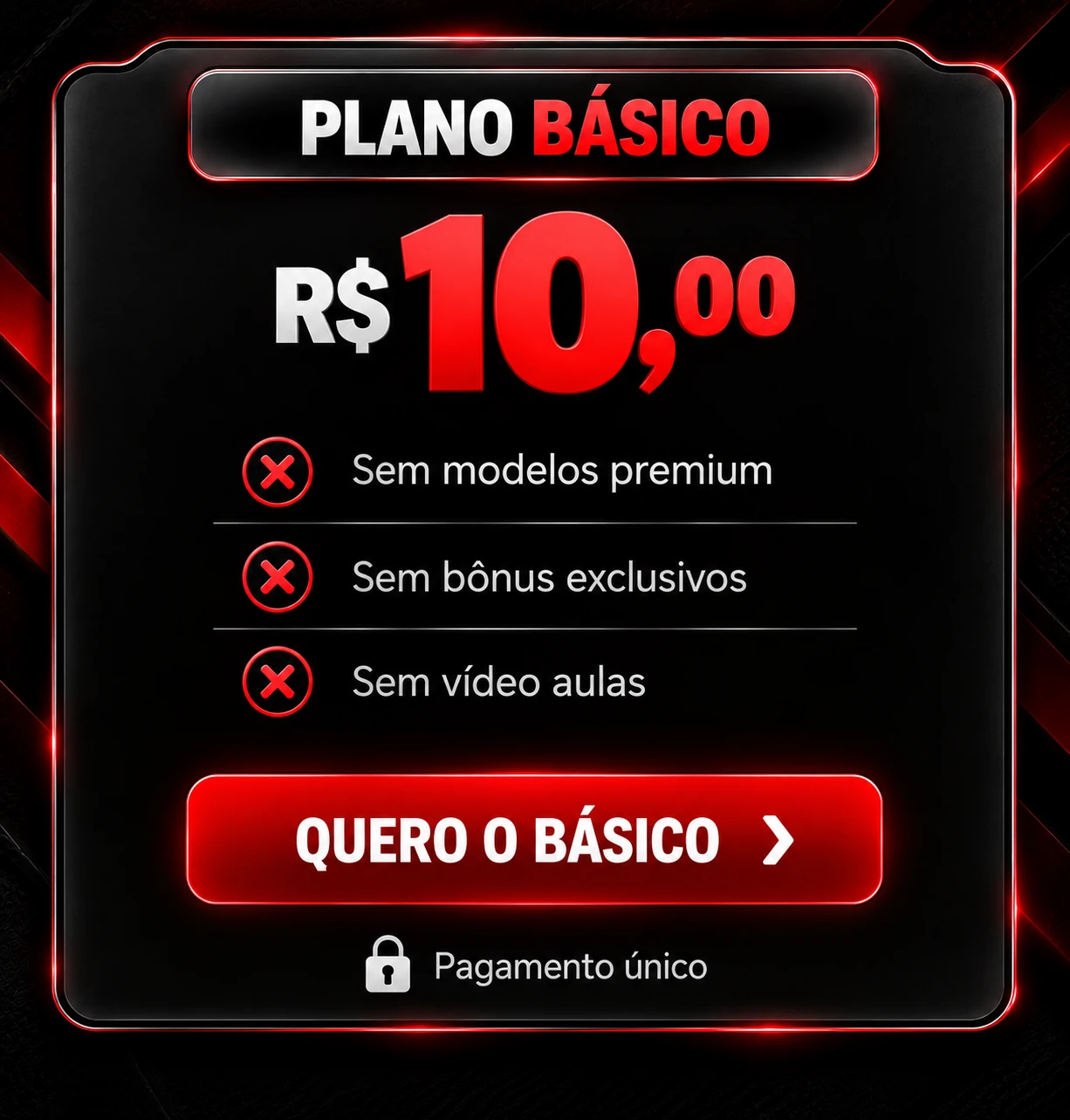 Plano Básico por R$ 10,00: sem modelos premium, sem bônus exclusivos, sem vídeo aulas. Pagamento único