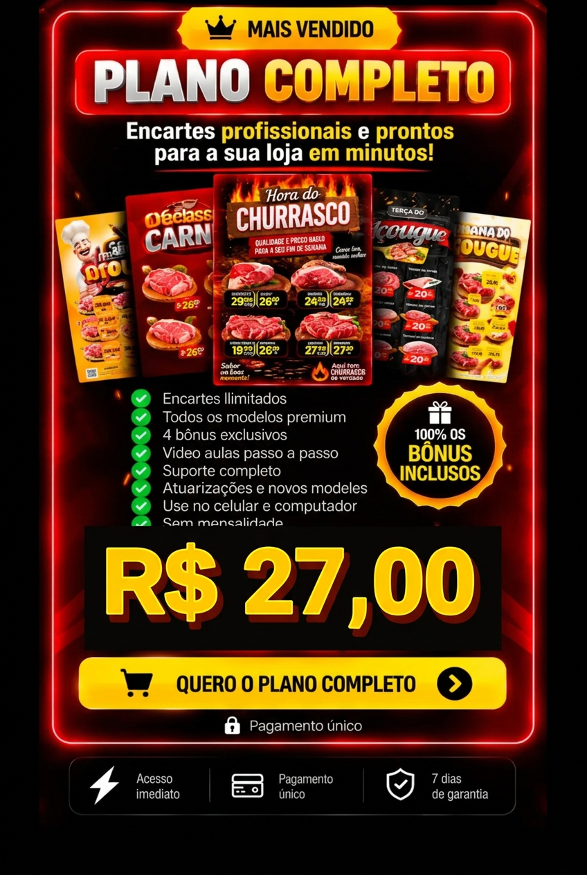 Plano Completo por R$ 27,00 com encartes ilimitados, 4 bônus exclusivos, vídeo aulas e garantia de 7 dias