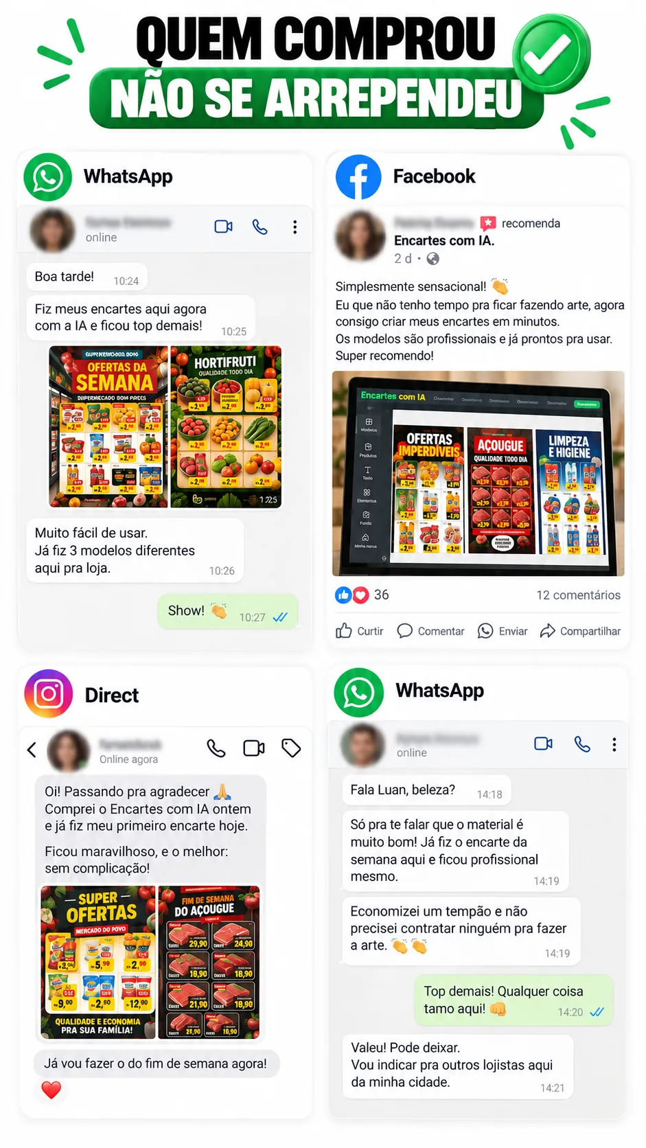 Quem comprou não se arrependeu: depoimentos reais de clientes no WhatsApp, Facebook e Direct sobre os encartes criados com IA