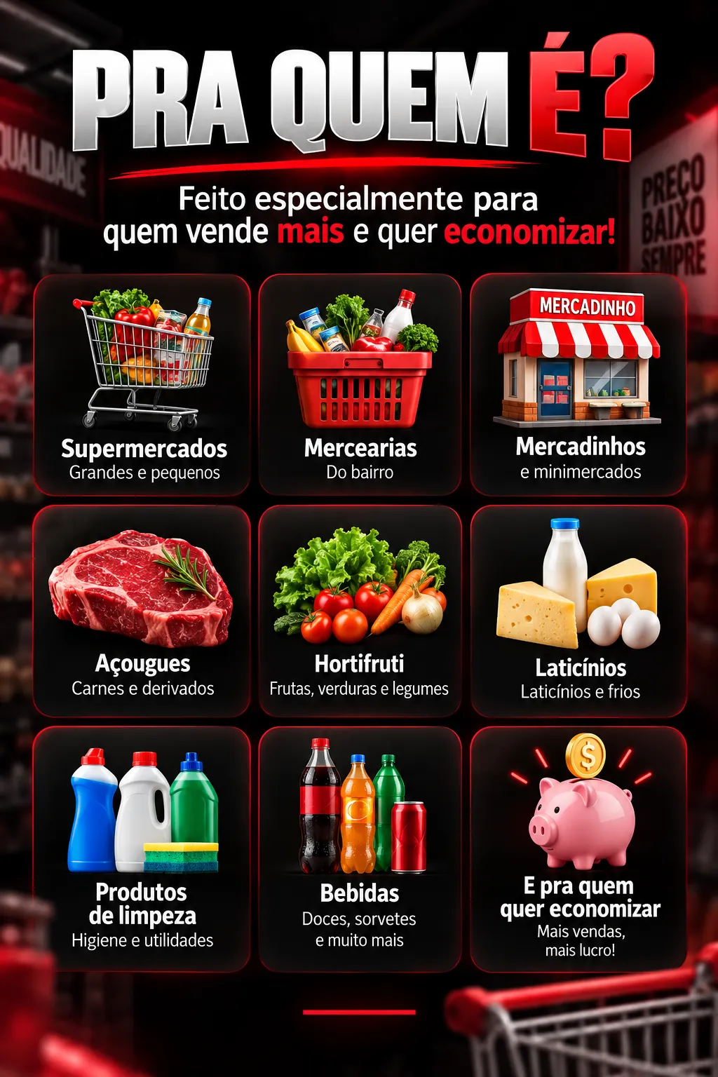 Pra quem é: supermercados, mercearias, meradinhos, açougues, hortifruti, laticínios, produtos de limpeza, bebidas e quem quer economizar